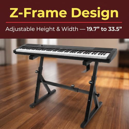 Pyle Heavy Duty Folding Keyboard Stand - Sturdy Reinforced Z Design w/ Adjustable Width & Height, Foam Padded Arms, Digital Piano Stand, Fits 54-88 Key Electric Pianos & Used for Travel & Storage