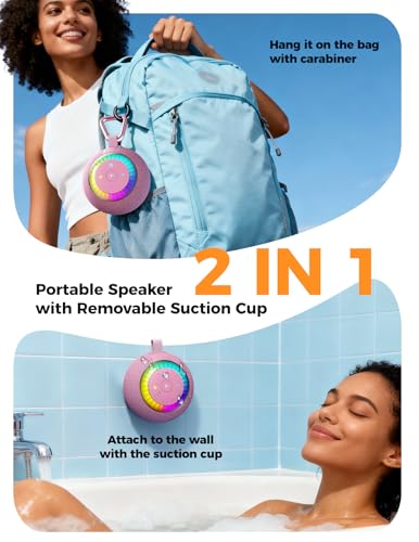 Bluetooth Shower Speaker IPX7 Waterproof: Removable Suction Cup, Pink | 360° Surround Sound, Vacuum-Lock, RGB Light, Portable Wireless Speaker for Beach, Pool, Kayak, Gifts for Adults Teens - color: Pink