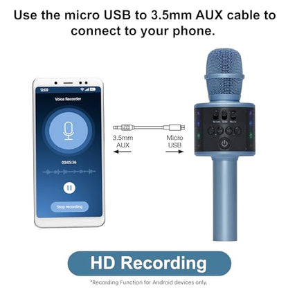 Wireless Bluetooth Karaoke Microphone with Built-in Speakers + HD Recording, Portable Handheld Mic | Blue