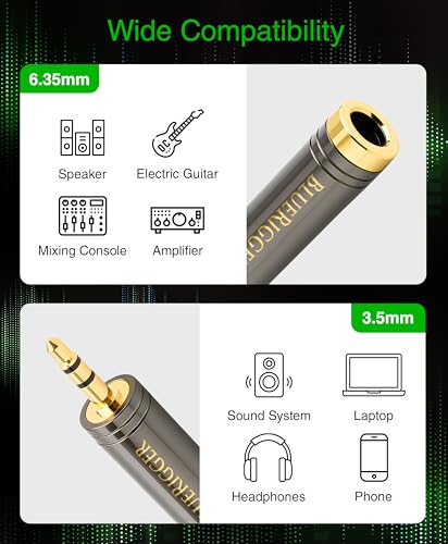 BlueRigger 1-Pack 3.5mm to 1/4 Adapter (TRS 1/8 to 1/4 Inch AUX Audio Jack Converter, Gold Plated, Pure Copper, 3.5mm Male to 6.35mm Female) Stereo Headphone Adapter for Guitar Amplifier Piano Phone - size: 3.5MM-6.35MM-ADPT