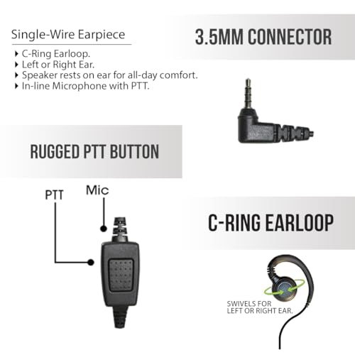 1 Wire Push to Talk Earpiece with 3.5mm Connector Compatible with Zello PTT App, PTT Button with in-Line Noise Reducing Mic, C-Ring Ear Loop for Left or Right Ear
