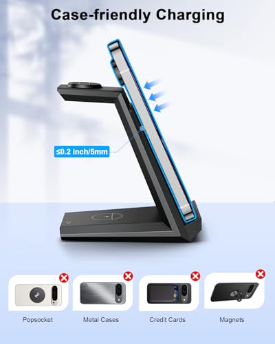 NANAMI 3 in 1 Wireless Charging Station Charger Dock for Google Devices | Fast Charger Stand Dock for Pixel 9/9 Pro XL/Fold, Buds Pro 2/Pro, Watch 3/2, Fitbit Versa 4/Sense 2(Not for Pixel Watch 1/4) - color: Black