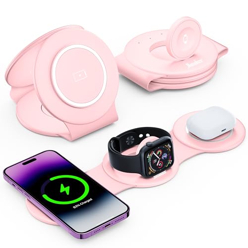 HICOBER 3-in-1 Wireless Charging Station for iPhone, Watch, AirPods, Pink | Charge 3 devices at once, foldable, case-friendly and ready for travel - color: Pink