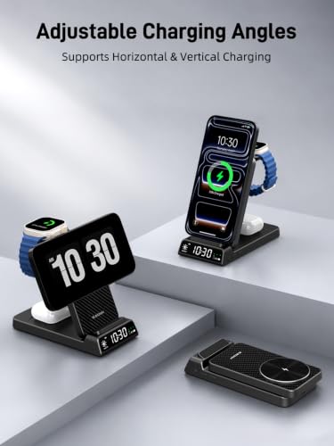 3 in 1 Charging Station for Apple, Travel Wireless Charger with Clock | ELECDOV Magnetic Charger for iPhone, Foldable Watch Charger Stand for iPhone 17/Air/16/15 Series, iWatch 10/AirPods 4 - color: Carbon Fiber