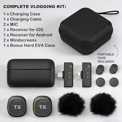 BSONE Wireless Lavalier Microphone for iPhone & Android, Clip-On Mini Mic with Charging Case, Rechargeable Professional Lapel Mics for Vlogging, Video Recording, Content Creators, YouTube, TikTok