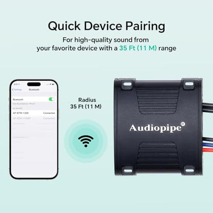 Audiopipe Marine 무선 음악 스트림 오디오 수신기 (AP-BTM-1200), Blutooth 5.0 어댑터, RCA 스테레오 출력, 해양, ATV, UTV, 골프 자동차, 홈 뮤직에 적합