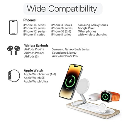 3-in-1 Charging Station for Apple Devices: Used for iPhone and Watch Charging Station with Magsafe Charger Stand, Wireless Charger for iPhone15/14/13/12, Apple Watch 1-9/Ultra, AirPods 3 Pro - color: Light gold