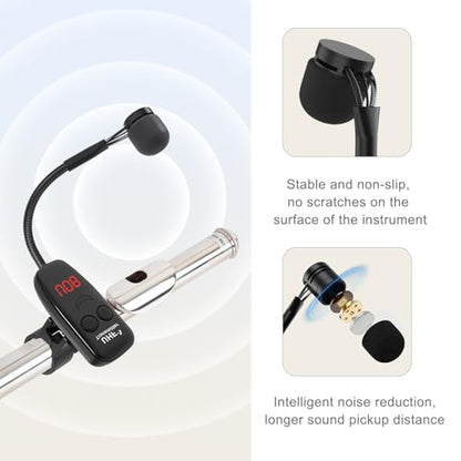 Wireless Microphone,UHF Wind Instrument Clip Microphones for Flute | Rechargeable Receiver and Transmitter Mic System, 130ft Range with Digital Screen, Great for Flute Piccolo Clarinet - color: Black4