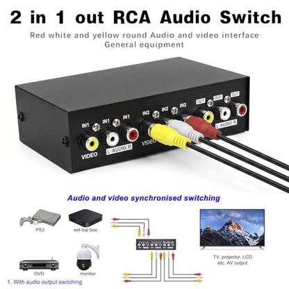Duttek 2 Port RCA AV Switch Box, 2 in 1 Out Composite Video Audio Selector, RCA Switcher for DVD, Game Console, STB to TV