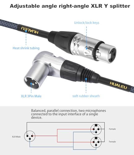 2Ft Right Angle 3Pin XLR Male to Dual 3Pin XLR Female Y Splitter 1 Male to 2 Female Audiao Cable, Mixer, Microphone,Amplifier Y Splitter Cable - color: Right Angle XLR 1 Male to 2 Female, size: 2Ft*1Pack