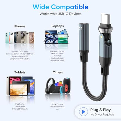 USB C to 3.5mm Audio Adapter,540° Rotatable USB C to Aux Headphone Jack Adapter,HiFi DAC USB C Headphone Adapter,Aux to USB C Dongle Compatible with iPhone 17 16 15,Samsung S25 S24 S23, iPad, Pixel