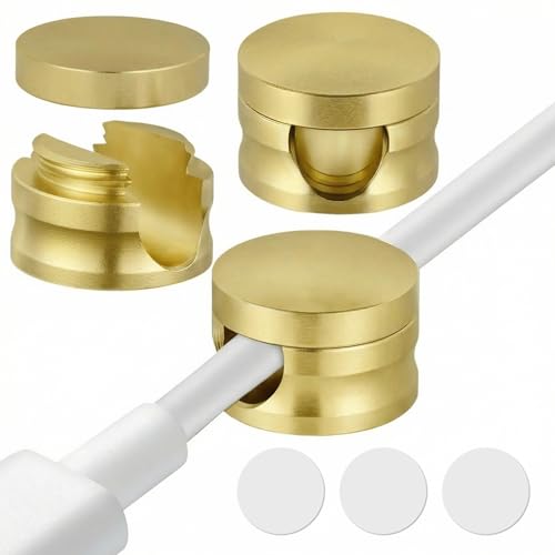 3 Pack Upgraded Cord Management Clips with Extra-Large Adhesive | Base, Stronger Hold Phone Charger Holder for Nightstand, Premium Aluminum Gold Sticky USB Wire Organizer Cable Clips for Desk