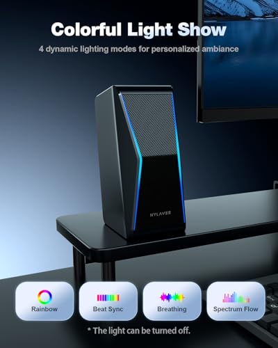 Nylavee Computer Speakers for Desktop PC, Bluetooth AUX PC Speakers RGB | Hi-Fi Stereo Sound, 14W AC Powered Monitor Speakers, Built-in Equalizer Modes, Desktop Speakers for PC and Laptop