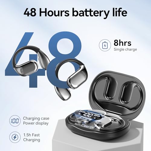 Open Ear Earbuds Bluetooth Wireless Headphones with LED Power Display, 48h Playtime, IPX6 Waterproof Comfortable for Workout, Running, Cycling (Black) - color: Black