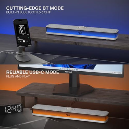 Redragon GS515 RGB Desktop Soundbar, 2.0 Stereo Enhanced Sound, BT 5.3 | 6 Dynamic Lighting Effects, Wireless & Wired Connectivity, Compact Design,Plug & Play USB Powered PC Gaming Speaker - color: Gray