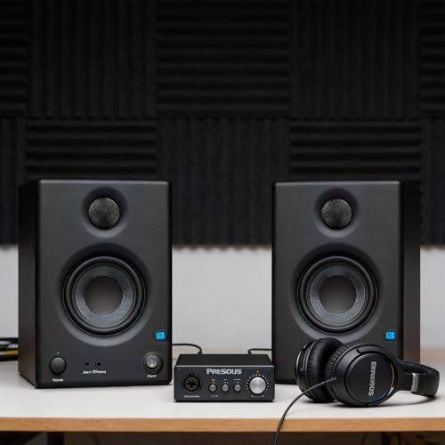 PreSonus Eris E3.5 Studio Monitor Pair Bundle with Isolation Pads, XLR Cables, TRS Cables, and Austin Bazaar Polishing Cloth - size: Bundle w/ Isolation Pads, style: E3.5