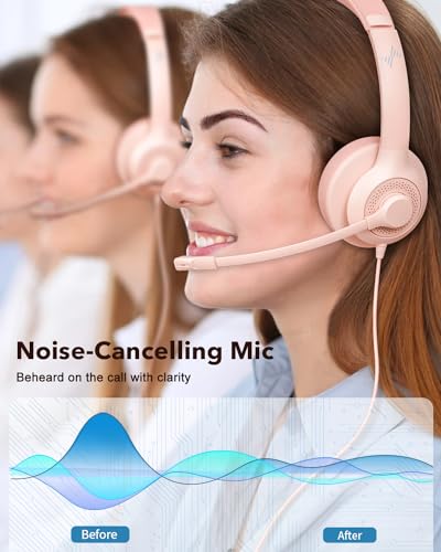 JIAMQISHI USB Headset with Microphone for PC, On-Ear Computer Laptop Headphones with Noise Cancelling Mic in-line Control for Home Office Online Class Zoom (USB+3.5mm, Pink) - color: Pink, style: USB+3.5mm