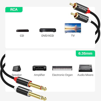 SHULIANCABLE 1/4 to RCA Cable, 6.35mm to Dual RCA Stereo Audio (15Ft/5Meter | 2X6.35mm TS to Dual RCA Stereo Audio Interconnect Cord for AV Receivers, Speakers, Home Audio Systems, Amplifiers - size: 15Ft/5Meter