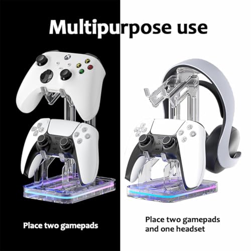 Universal Gaming RGB Dual Controller Holder Headset Stand with RGB Light and 2 USB Charging Storage Ports,Headphone Hanger Gaming Accessories for Desk Compatible with Switch Xbox PS5 PS4 Controller-H