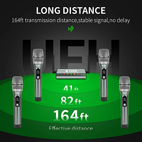 XTUGA UHF Wireless Microphone System,4 Channel Metal Handheld Mics(UF4600) | Plug and Play,164ft Coverage Range,Auto Sync Setup,Cordless Mics Set for Karaoke/Church/Party/Outdoor Events/Public Speaking