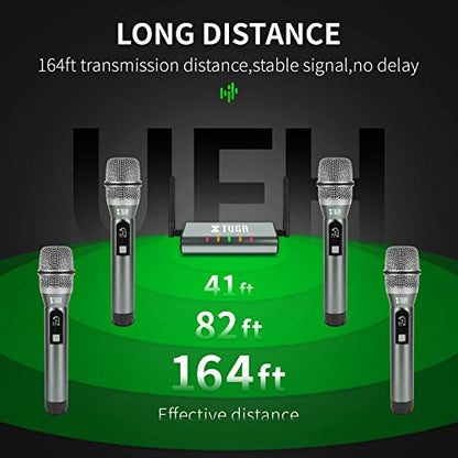 XTUGA UHF Wireless Microphone System,4 Channel Metal Handheld Mics(UF4600) | Plug and Play,164ft Coverage Range,Auto Sync Setup,Cordless Mics Set for Karaoke/Church/Party/Outdoor Events/Public Speaking