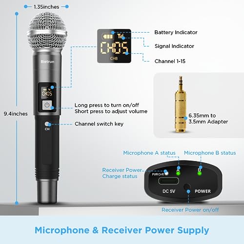 Bietrun UHF Wireless Microphone with 1/4'' Plug Rechargeable Receiver - color: Battery Microphone-WXM31-2