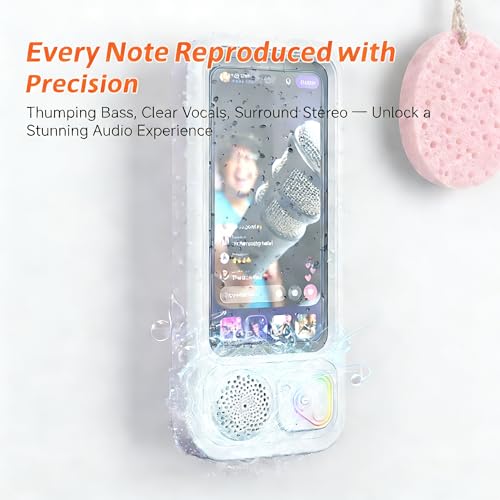 Shower Phone Holder with Wireless Bluetooth Speaker, Waterproof Shower Phone Mount, 360° Rotation, Waterproof Case for Bathroom, Sensitive Touchscreen Case Stand