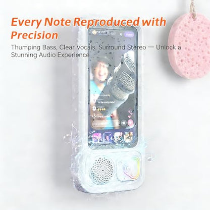 Shower Phone Holder with Wireless Bluetooth Speaker, Waterproof Shower Phone Mount, 360° Rotation, Waterproof Case for Bathroom, Sensitive Touchscreen Case Stand