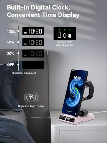 Wireless Charger for Samsung Charging Station with Clock for Samsung Galaxy S25 Ultra/S24 Ultra/Z Flip 6/5/Fold 5/Bud 2, 3 in 1 Charging Station Watch Charger for Samsung Galaxy Watch 7/6/5Pro(Pink) - color: Pink
