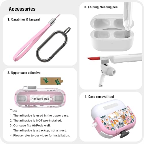 WENEW Case for AirPods Pro & Pro 2 Case Cover Secure Lock Automatic Snap Switch Clip Cleaner Kit Lanyard Women Stylish Flower Full Body Hard Shell Front LED Visible (Pink Flower, AirPods Pro & Pro 2) - color: Pink Flower, size: AirPods Pro & Pro 2