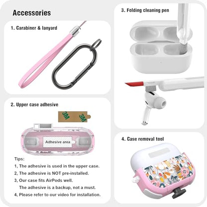 WENEW Case for AirPods Pro & Pro 2 Case Cover Secure Lock Automatic Snap Switch Clip Cleaner Kit Lanyard Women Stylish Flower Full Body Hard Shell Front LED Visible (Pink Flower, AirPods Pro & Pro 2) - color: Pink Flower, size: AirPods Pro & Pro 2