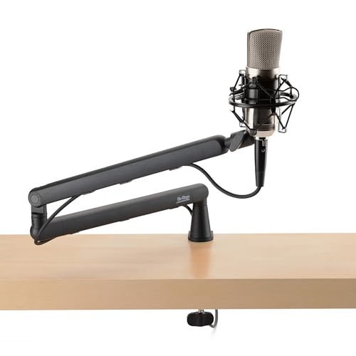 On-Stage MBS-LP1 Low-Profile Broadcast Boom Arm – Adjustable Mic Stand with 5/8" Thread, Cable Management, C-Clamp & Flange Mount – Quiet Hinges, 360° Swivel for Podcasting & Streaming