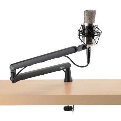 On-Stage MBS-LP1 Low-Profile Broadcast Boom Arm – Adjustable Mic Stand with 5/8" Thread, Cable Management, C-Clamp & Flange Mount – Quiet Hinges, 360° Swivel for Podcasting & Streaming