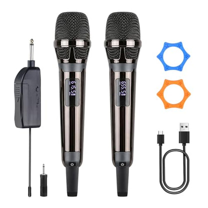 Wireless Microphones for Karaoke Singing, Professional Dual Cordless Mic System , 500ft Long Range Dual Handheld Cordless& LED Display, Dynamic Karaoke Microphone for Singing, DJ, Church, Party