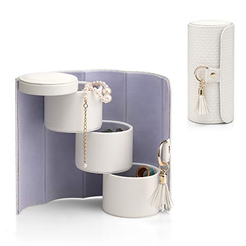 Vlando Valentine Day Gift for Wome, Travle Jewelry Organizer, Bridal Shower, Bridesmaid Gifts for Wedding Day, Bridesmaid Proposal Gifts, Travel Jewelry Case - White | Stepped Sections Compartments Keep Jewelry Visible, Soft Lining Protect Pieces, Snap Cl