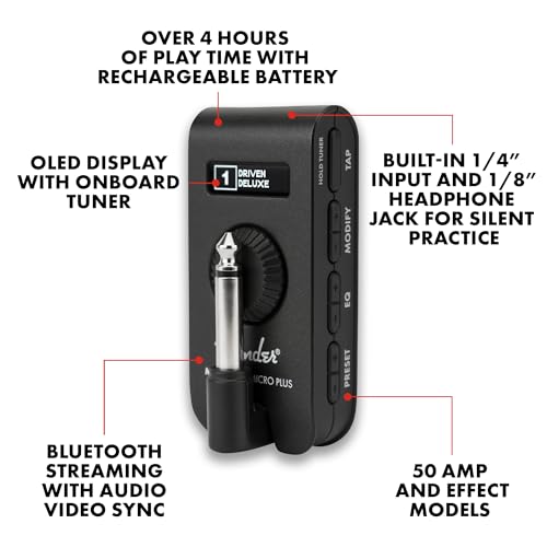 Fender Mustang Micro Plus Headphone Amplifier, Bluetooth Audio Streaming and 50 Amp and Effects Models, with 2-Year Warranty - style: Micro Plus