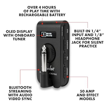 Fender Mustang Micro Plus Headphone Amplifier, Bluetooth Audio Streaming and 50 Amp and Effects Models, with 2-Year Warranty - style: Micro Plus