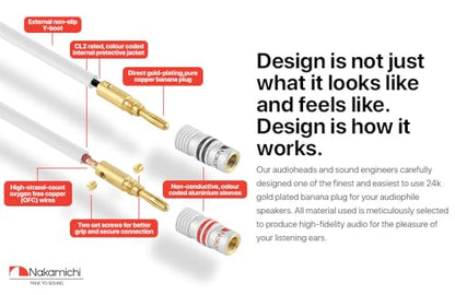 Nakamichi 24k Gold Plated Banana Plugs Speaker Cables 99.9% OFC (15 Feet) | Oxygen-Free Copper, Excel Series, Amplifier Heavy Duty Braided In-Wall CL2 Rated Wires - White (12AWG / 15ft / 4.5m) 2-Pack - color: White, size: 12 AWG (15-Feet)