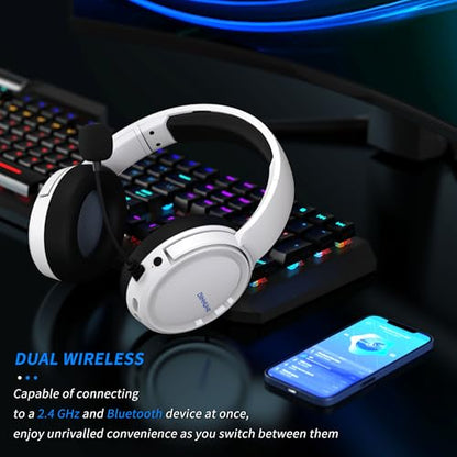 BINNUNE Wireless Gaming Headset — 2.4GHz Low-Latency USB Dongle + Bluetooth, 50mm Drivers 7.1 Surround, Noise-Cancelling Mic, 40H Battery — Over Ear Wireless Headphones for PS5, PC, Laptop, White - color: White