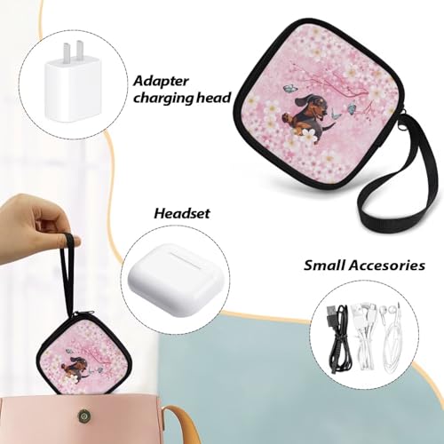 Cherry Blossom Dachshund Carrying Earphone Case Pouch Storage Bag Earbud Holder Mini Pouch Headset Storage Case Bags for Headphone, Bluetooth - color: Cherry Blossom Dachshund
