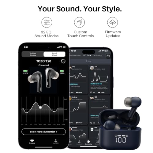 TOZO T20 Wireless Earbuds 97H Playtime, Wireless Charging LED Display Case | 10mm Deep Bass Sound, Dual Mic ENC Clear Calls, IPX8 Waterproof, Bluetooth 5.3, Comfortable Fit Ear Buds For Daily Use, Blue - color: Blue