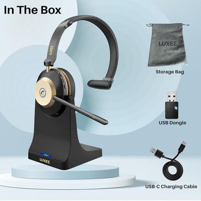 LUXEE Bluetooth Wireless Headset with Microphone for Work - Single Ear Computer Headset with USB Dongle & Charging Base, Noise Canceling Office Headset for Laptop, Zoom, Audifonos con Microfono