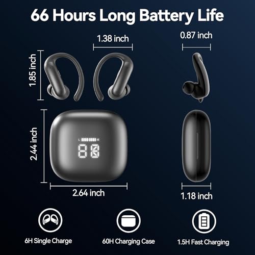 Sport Earbuds with Ear Hook 66hrs Playtime with LED Display Case, Wireless Bluetooth 6.0, Sports Over The Ear Earbuds, IPX4 Gym Workout Running Headphones, Deep Bass & Stereo Sound. - color: Black