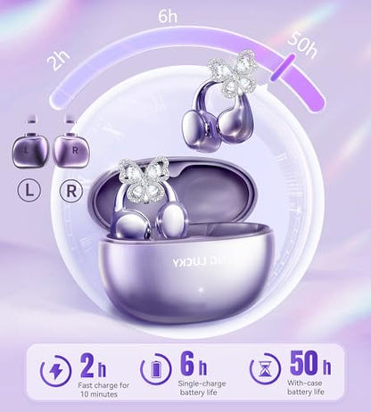 King Lucky Open Ear Earbuds Clip on Wireless Bluetooth 5.4 Headphones with Mic,50H Play,ENC Call,Waterproof,Jewelry Ear Buds,Comfortable for Small Ears&Glasses Wearers,Workouts (01-Purple) - color: 01-Purple
