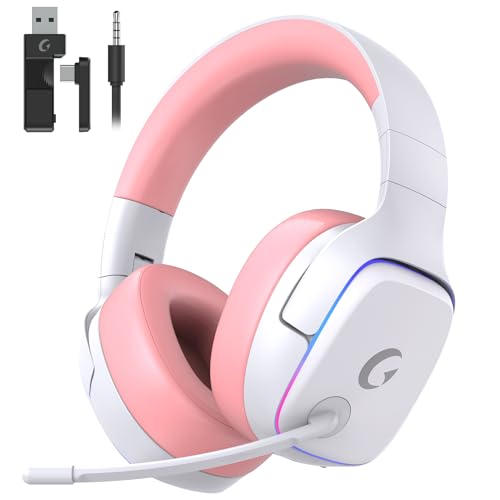 Gvyugke 2.4GHz Wireless Gaming Headsets for PS5, PS4, PC, Switch, Pink | Bluetooth 5.3 Gaming Headphones with Noise Canceling Mic, 7.1 Surround Sound, 70H Battery, Blue Lighting - color: Pink