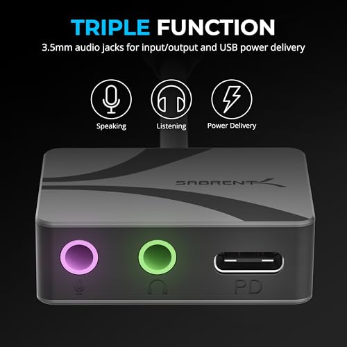 SABRENT USB-C to 3.5mm Audio Adapter with 100W PD, 24-Bit (AU-PACM) | USB-C external sound card; headset mic & stereo out; 96kHz; 100W PD passthrough