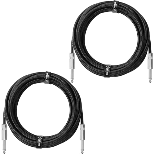 2-Pack 20 Feet Tweed Braided 1/4 Inch TS Guitar Cables, Black | Strain relief, Anti-kink, no signal loss, fit electric guitar, bass, amp - color: Black, size: 20ft