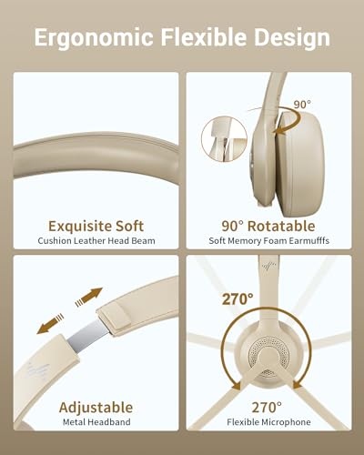 JIAMQISHI Wireless Headset with AI Noise Cancelling Microphone Bluetooth Headset - Bluetooth V5.2 Headphones with USB Dongle & Mic Mute for Computer/Laptop/PC/iPhone/Android/Cell Phones/Zoom-Apricot