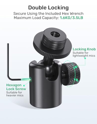 Ball and Socket Head Microphone Adapter, All-Metal, 360° Pan and 90° Tilt | Compact and Lightweight, Secure Locking, 5/8" and 3/8" All-Metal Adapter, Swivel Mic Stand Adapter, Ideal for Camera and Mic