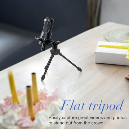 Desktop Tripod Microphone Stand, with Non-slip Rubber Feet, Durable Iron Construction, Portable Foldable, Adjustable Table Microphone Stand for Podcasts, Online Chat, Conferences, Lectures, Black